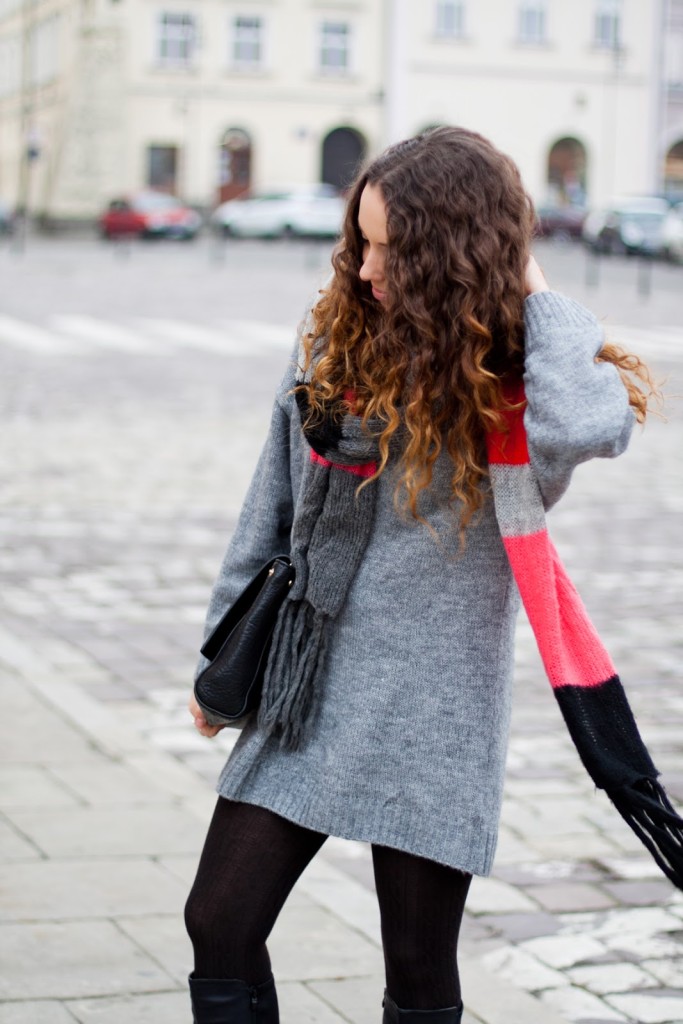 Długi szary sweter H&M, long grey sweater