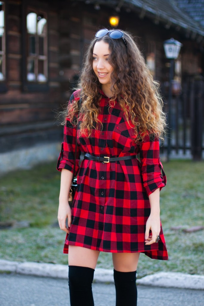 look with checked dress