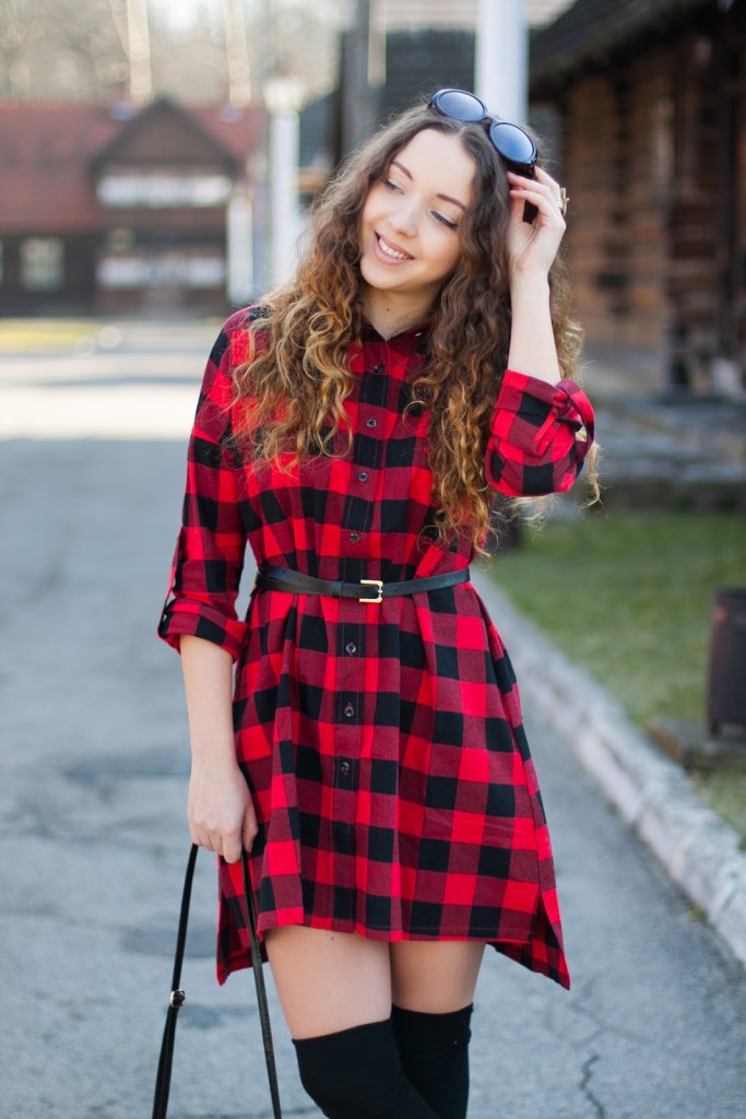 look with checked dress